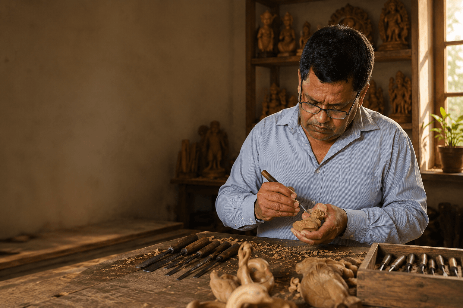 Damodar Lal Kumawat at work in the Jaipur workshop