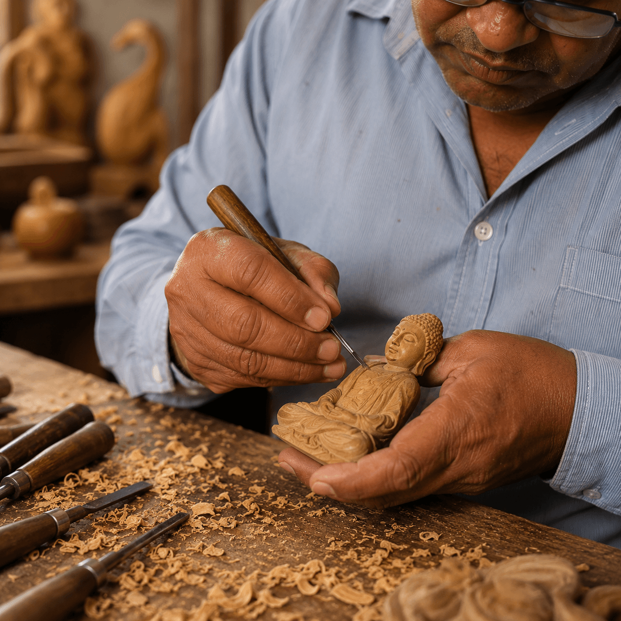 Damodar Lal Kumawat hand-carving a Buddha figure