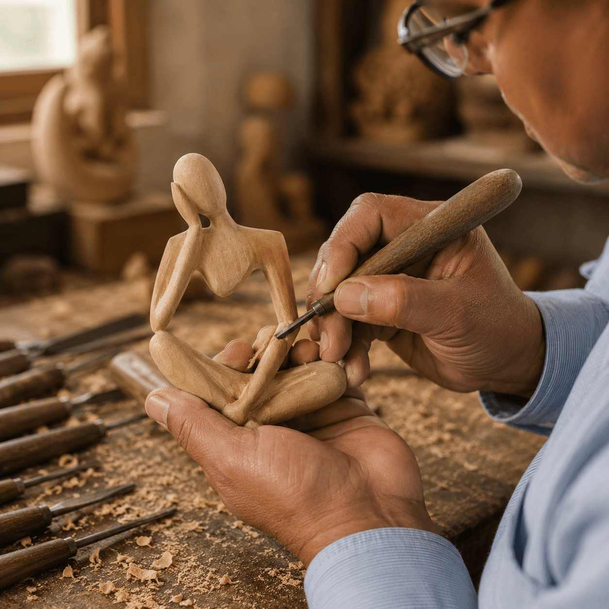 Master Damodar Lal Kumawat hand-finishing a walnut frame